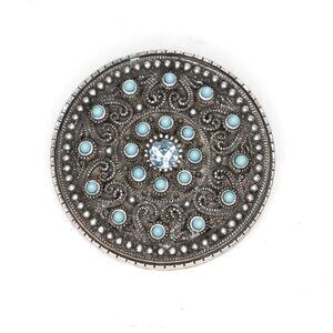 Vintage Celtic Circle Antiqued Silver Pendant Blue Turquoise Stones Gems Round